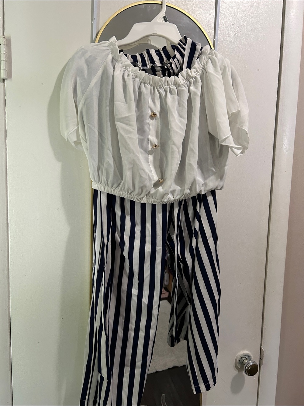 SHEIN White Off-Shoulder Top with Navy Striped Jumpsuit Pants